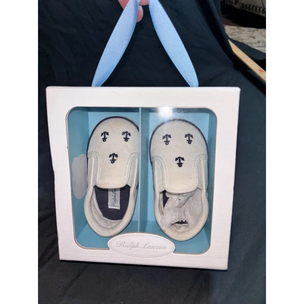 Ralph Lauren Baby Harbor Repeat Slip-On Shoes White/Navy Anchor Print 4 preppy